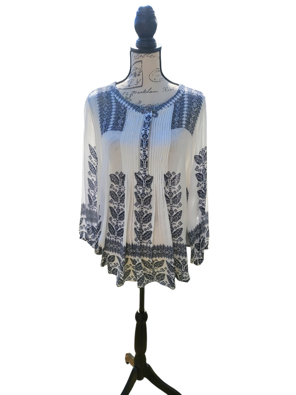 NWT Daniel Rainn Amely Split Neck Top White Blue Boho Tunic Blouse XL - Picture 2 of 8